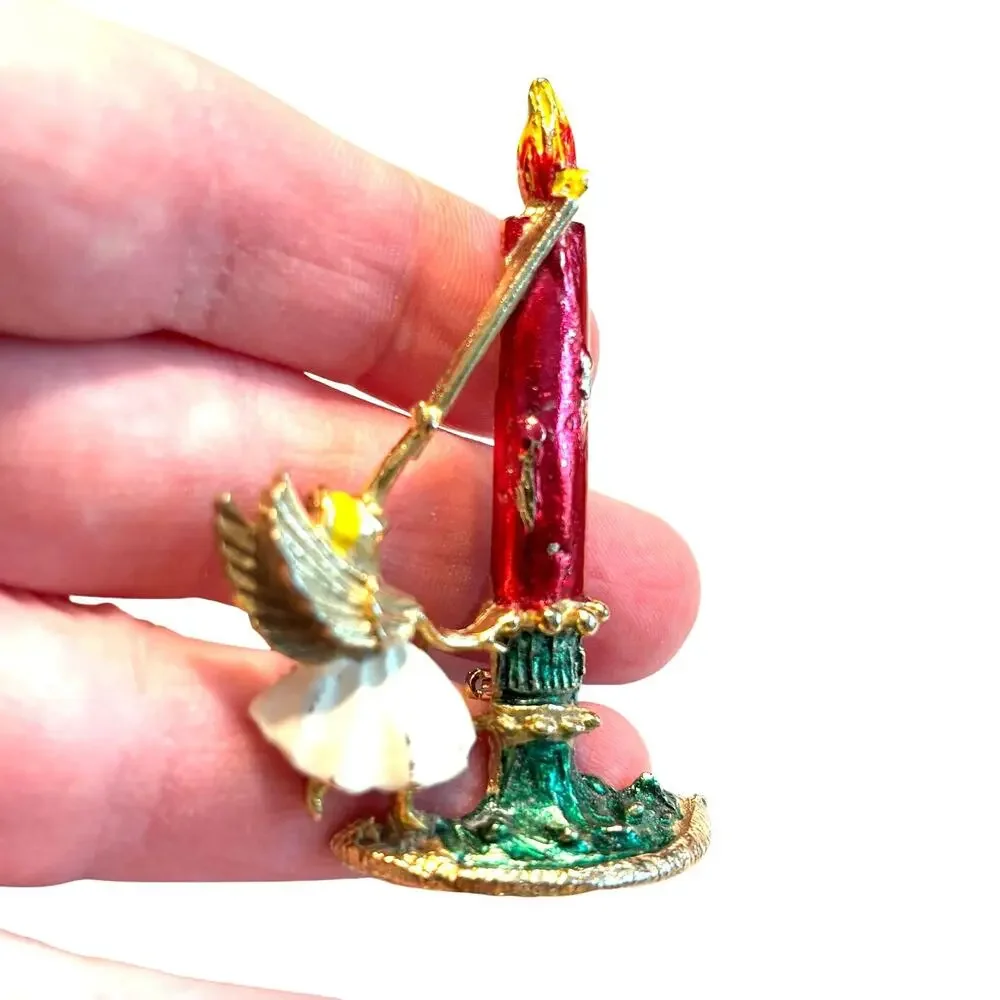 Vintage Christmas Angel brooch red enamel candle motif festive holiday pin